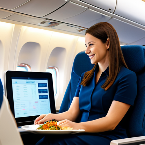 Home 11 A professional adult traveler, fully clothed in a modest business casual outfit, calmly enjoying a gourmet meal on a tray table inside a modern, spacious airplane cabin. The seat is ergonomic, with an entertainment screen displaying a family-friendly movie. The cabin lighting is soft and inviting, reflecting the serene atmosphere. The focus is on the comfort and quality of the in-flight experience. safe for work, appropriate content, fully clothed, professional, modest clothing, appropriate attire, professional dress, perfect anatomy, correct proportions, natural pose, well-formed hands, proper finger count, natural body proportions, professional photography, high quality.