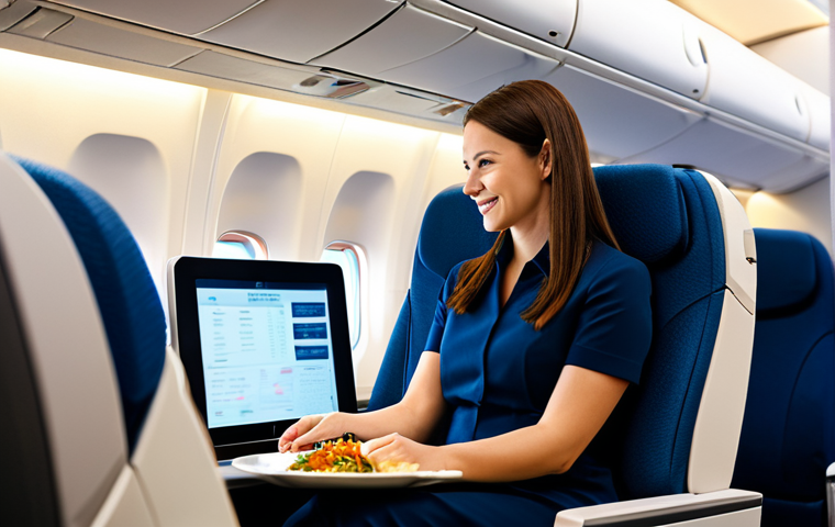 A professional adult traveler, fully clothed in a modest business casual outfit, calmly enjoying a gourmet meal on a tray table inside a modern, spacious airplane cabin. The seat is ergonomic, with an entertainment screen displaying a family-friendly movie. The cabin lighting is soft and inviting, reflecting the serene atmosphere. The focus is on the comfort and quality of the in-flight experience. safe for work, appropriate content, fully clothed, professional, modest clothing, appropriate attire, professional dress, perfect anatomy, correct proportions, natural pose, well-formed hands, proper finger count, natural body proportions, professional photography, high quality.
