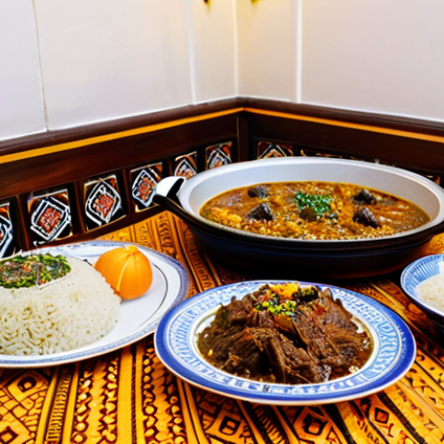 Home 6 **
"A table laden with Omani dishes, featuring a steaming platter of Shuwa (slow-cooked lamb), fragrant Majboos rice, and a bowl of Halwa. The table is set in a traditional Omani home, with intricate carpets and cushions visible in the background. Family-friendly setting, appropriate content, fully clothed people are enjoying the meal, professional food photography, high detail, safe for work, perfect anatomy, natural proportions, modest clothing, warm lighting."
**