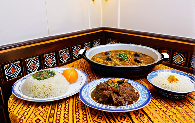 **

"A table laden with Omani dishes, featuring a steaming platter of Shuwa (slow-cooked lamb), fragrant Majboos rice, and a bowl of Halwa. The table is set in a traditional Omani home, with intricate carpets and cushions visible in the background. Family-friendly setting, appropriate content, fully clothed people are enjoying the meal, professional food photography, high detail, safe for work, perfect anatomy, natural proportions, modest clothing, warm lighting."

**