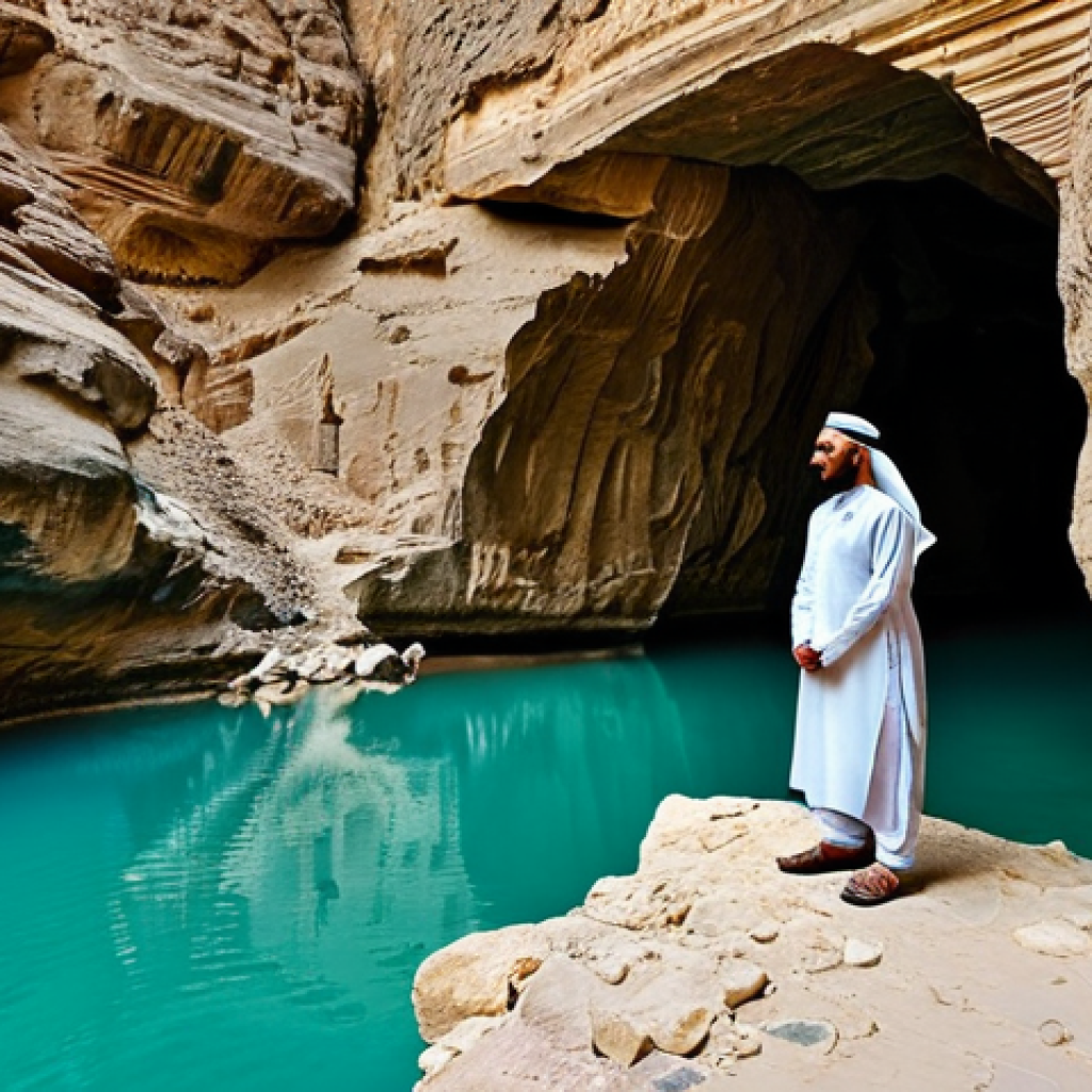 오만을 배경으로 한 영화 - **Wadi Shab Adventure:** "A fully clothed adventurer in modest hiking gear stands at the entrance of...