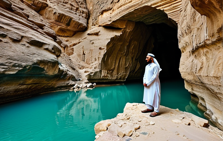 오만을 배경으로 한 영화 - **Wadi Shab Adventure:** "A fully clothed adventurer in modest hiking gear stands at the entrance of...