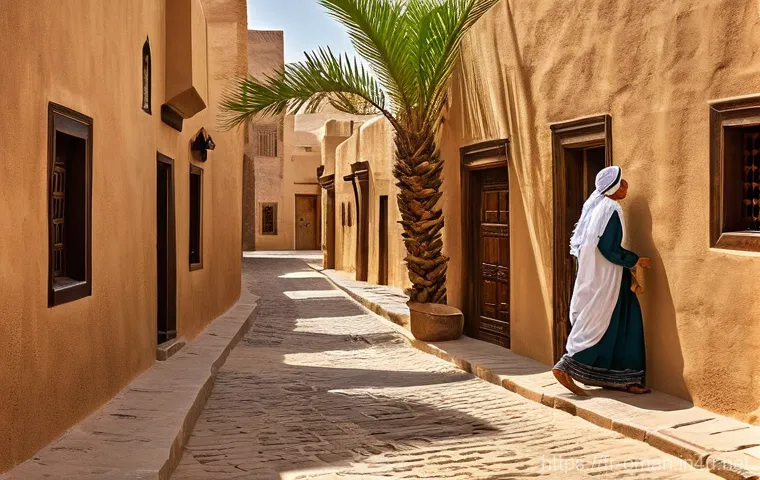 오만의 전통 주택 디자인 - **Prompt:** An inviting and serene interior courtyard (sahn) of a traditional Omani home. The high w...