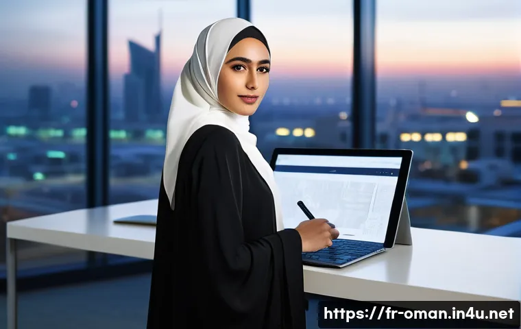 오만 여성의 사회적 역할 - **Prompt 1: Modern Omani Professional in an Urban Setting**
A confident and elegant young Omani ...