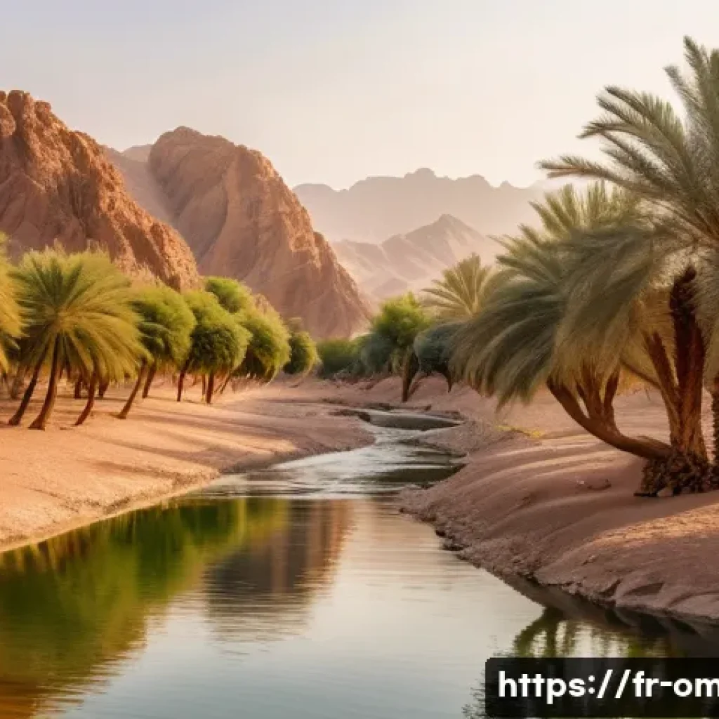 오만의 생태 관광 루트 - A serene hidden oasis in Oman&rsquo;s desert interior at golden hour, surrounded by lush date palm groves ...