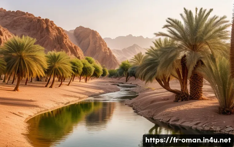 오만의 생태 관광 루트 - A serene hidden oasis in Oman’s desert interior at golden hour, surrounded by lush date palm groves ...