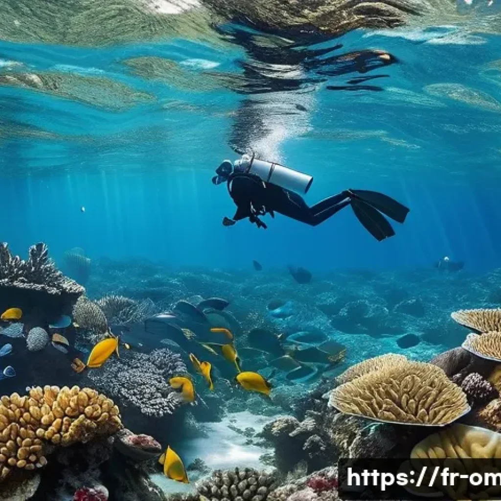 오만 알할라니야 섬 여행 - A vibrant underwater scene showcasing a pristine coral reef ecosystem near a remote island, with cry...