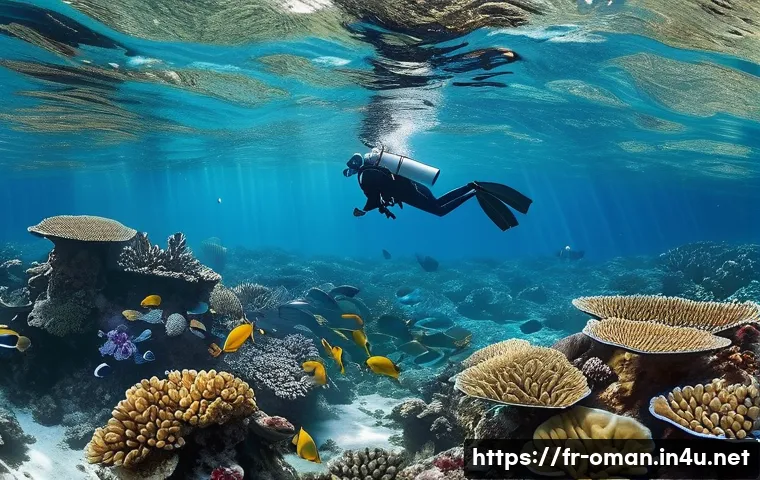 오만 알할라니야 섬 여행 - A vibrant underwater scene showcasing a pristine coral reef ecosystem near a remote island, with cry...