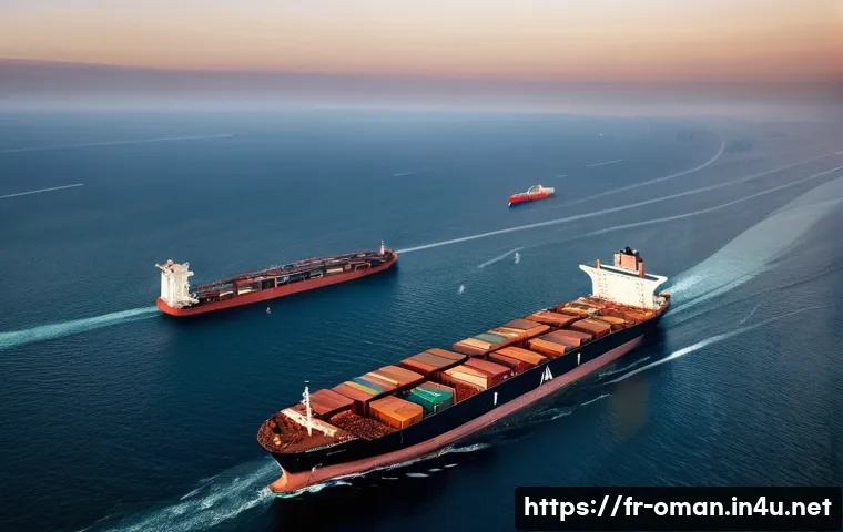 오만 페르시아만 항로 - A highly detailed aerial view of the strategic maritime corridor between the Arabian Peninsula and I...
