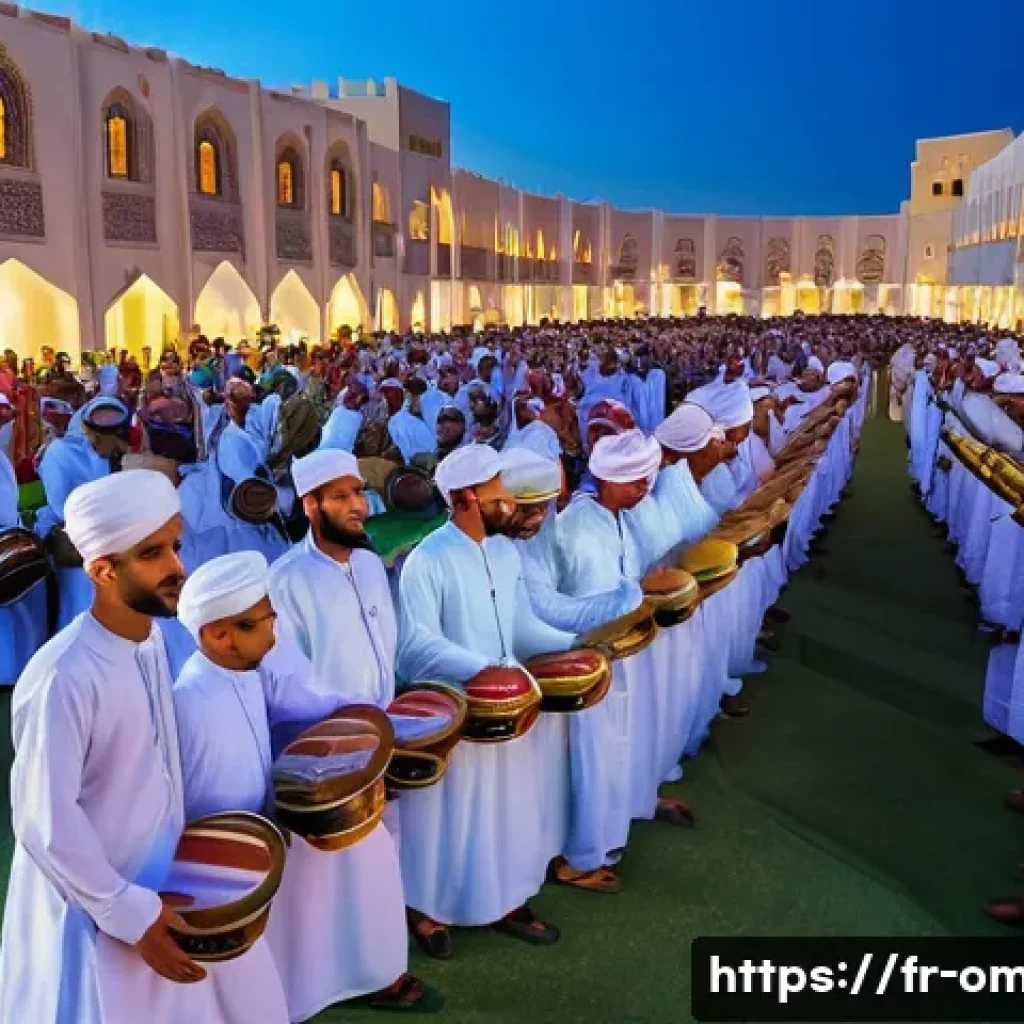 오만의 독특한 공휴일 - A vibrant national renaissance celebration in Oman featuring a diverse crowd dressed in colorful tra...