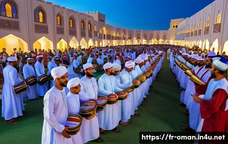 오만의 독특한 공휴일 - A vibrant national renaissance celebration in Oman featuring a diverse crowd dressed in colorful tra...