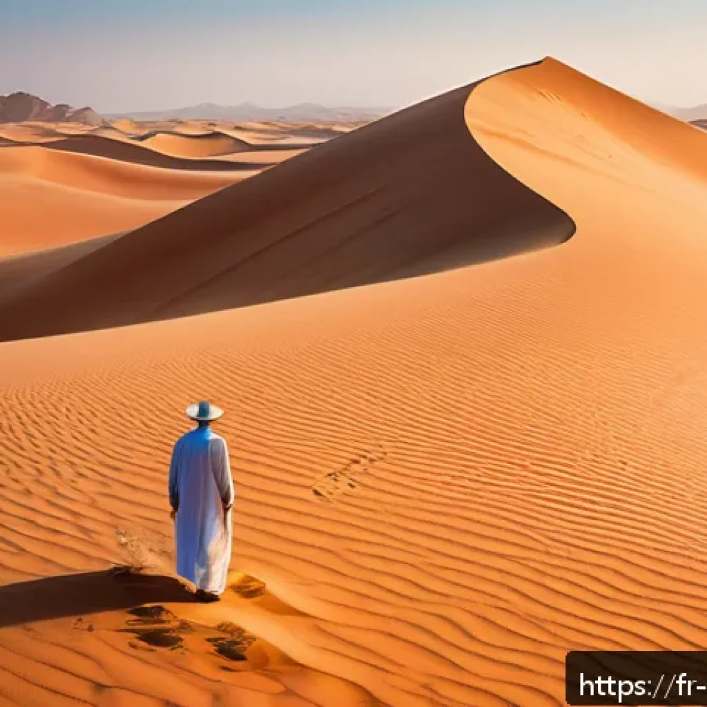 오만 와히바 모래사막 체험 - A breathtaking panoramic view of the vast Wahiba Sands desert in Oman at dawn, featuring endless gol...