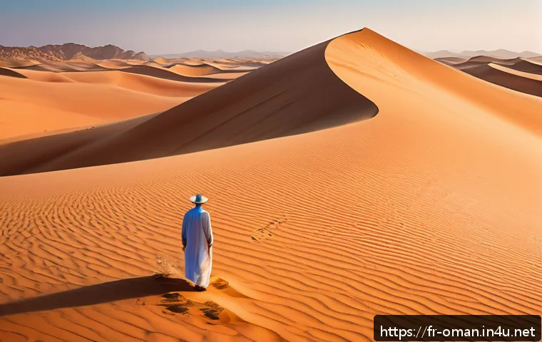 오만 와히바 모래사막 체험 - A breathtaking panoramic view of the vast Wahiba Sands desert in Oman at dawn, featuring endless gol...