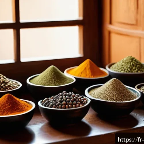 Home 33 오만 요리 교실 체험 - A vibrant Omani kitchen scene showcasing the preparation of traditional Baharat spice blend: an asso...