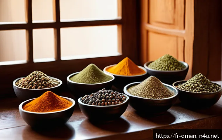 오만 요리 교실 체험 - A vibrant Omani kitchen scene showcasing the preparation of traditional Baharat spice blend: an asso...