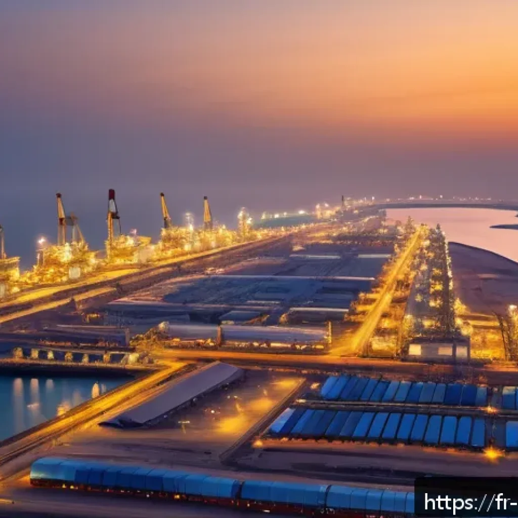 오만 석유 산업의 발전사 - A panoramic view of a modern Omani oil export terminal at Mina Al Fahal during sunset, featuring lar...