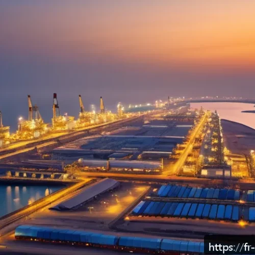 Home 32 오만 석유 산업의 발전사 - A panoramic view of a modern Omani oil export terminal at Mina Al Fahal during sunset, featuring lar...