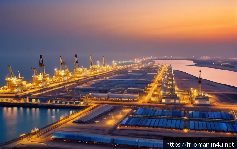 오만 석유 산업의 발전사 - A panoramic view of a modern Omani oil export terminal at Mina Al Fahal during sunset, featuring lar...
