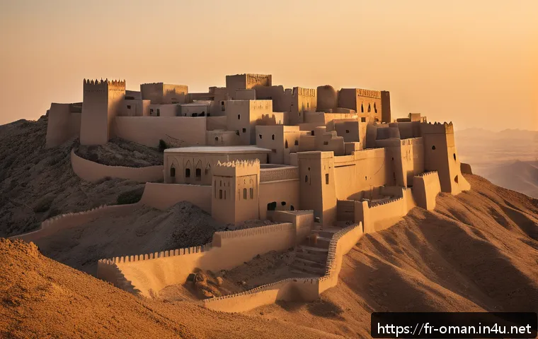 오만 유네스코 지정 유산 - A majestic ancient fort perched on a hilltop in Oman during golden hour, showcasing robust mudbrick ...