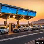 Home 18 오만의 고속도로 통행료 - A modern Omani highway toll station at sunset, showing multiple lanes with electronic toll booths, c...