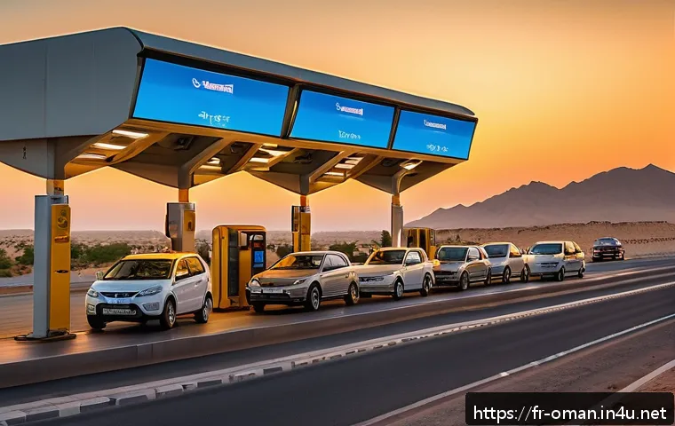 오만의 고속도로 통행료 - A modern Omani highway toll station at sunset, showing multiple lanes with electronic toll booths, c...