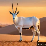 Home 23 오만 아라비안 오릭스 보호구역 - A majestic Arabian oryx standing gracefully in the heart of the Omani desert at sunset, its bright w...