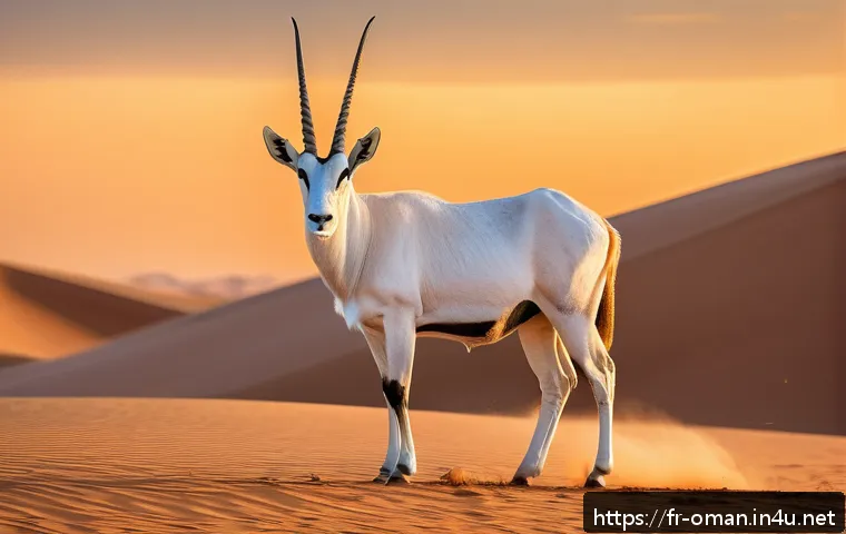 오만 아라비안 오릭스 보호구역 - A majestic Arabian oryx standing gracefully in the heart of the Omani desert at sunset, its bright w...