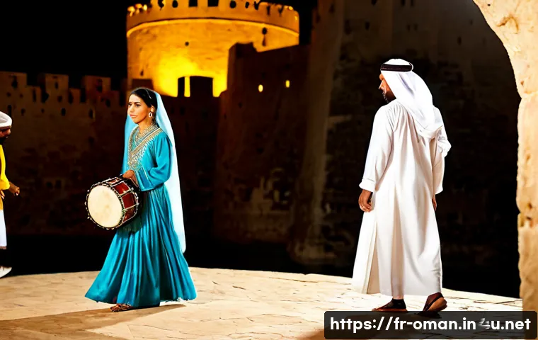 Home 17 오만의 특별한 축제와 이벤트 - Photorealistic evening scene at a traditional Omani cultural festival in Muscat, graceful dancers in...