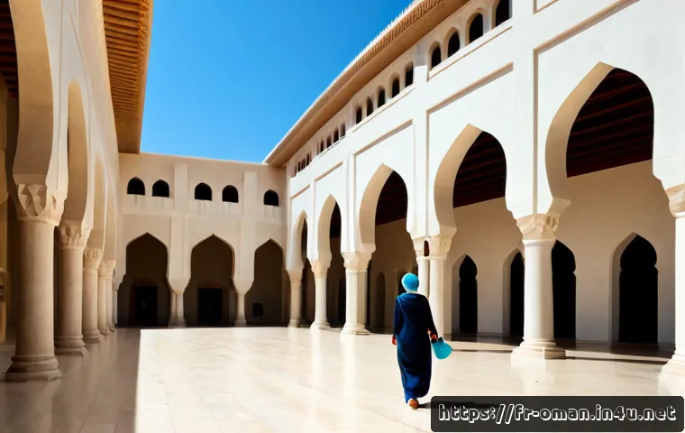 오만 국립 박물관 - Photorealistic exterior of Oman National Museum in Muscat, grand white-stone Omani architecture with...